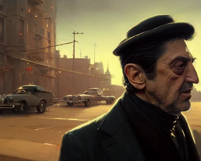 Image similar to highly detailed portrait of al pacino as vito scaletta, in mafia 2, stephen bliss, unreal engine, fantasy art by greg rutkowski, loish, rhads, ferdinand knab, makoto shinkai and lois van baarle, ilya kuvshinov, rossdraws, tom bagshaw, global illumination, radiant light, detailed and intricate environment