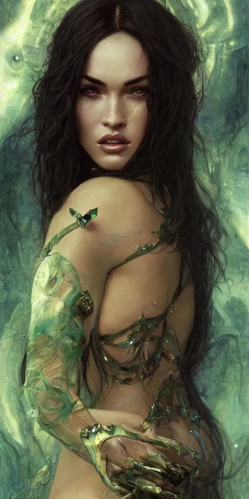 Image similar to epic masterpiece portrait of agothic lady played by megan fox, followed by heads with many souls, beautiful face and flawless skin, perfect hands, emeralds by Edgar Maxence and Ross Tran and Michael Whelan