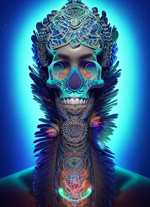 Image similar to 3 d shaman with tattoos profile portrait, sigma 5 0 0 mm f / 5. beautiful intricate highly detailed quetzalcoatl skull and feathers. bioluminescent, plasma, frost, water, wind, creature, gradient background, thunderstorm! artwork by tooth wu and wlop and beeple and greg rutkowski, 8 k trending on artstation,