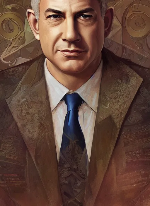 Image similar to beautiful benjamin netanyahu, intricate, elegant, highly detailed, digital painting, artstation, concept art, matte, sharp focus, illustration, art by artgerm and greg rutkowski and alphonse mucha