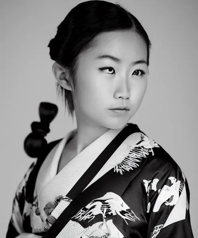 Image similar to a modern black and white film photograph shot on kodak 4 0 0 tx, portrait of one!! very beautiful and young japanese woman wearing a traditional kimono with a very ornate pattern of cranes, her hair is tied above her head, the scene is shot on a canon 8 5 mm f / 1. 4 in a studio setting with dramatic and cinematic lighting