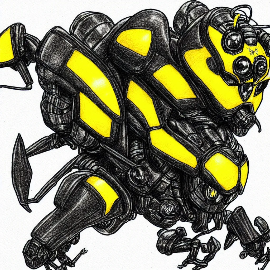 Image similar to bumblebee equipped with a jetpack, drawn with a black 0. 3 mm fineliner on a white paper