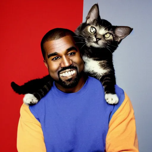 Image similar to Kanye West happy while holding a cat for a 1990s sitcom tv show, Studio Photograph, portrait, very happy C 12.0