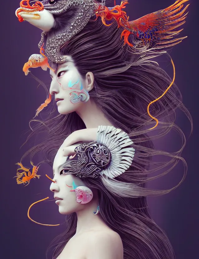 Image similar to 3 d goddess half - turn portrait with long hair with ram skull. beautiful intricately detailed japanese crow kitsune mask and clasical japanese kimono. betta fish, jellyfish phoenix, bio luminescent, plasma, ice, water, wind, creature, artwork by tooth wu and wlop and beeple and greg rutkowski