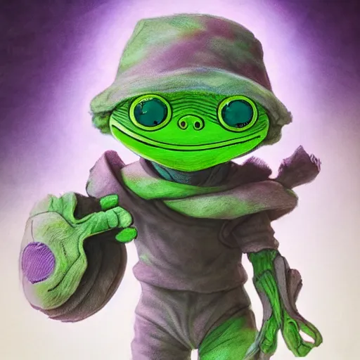 Image similar to little boy wearing an cyborg pepe the frog suit, artwork in kentaro miura and made in abyss, smooth, purple and green gamma, studio lighting, beautiful lightness, anatomically correct, trending on pixiv