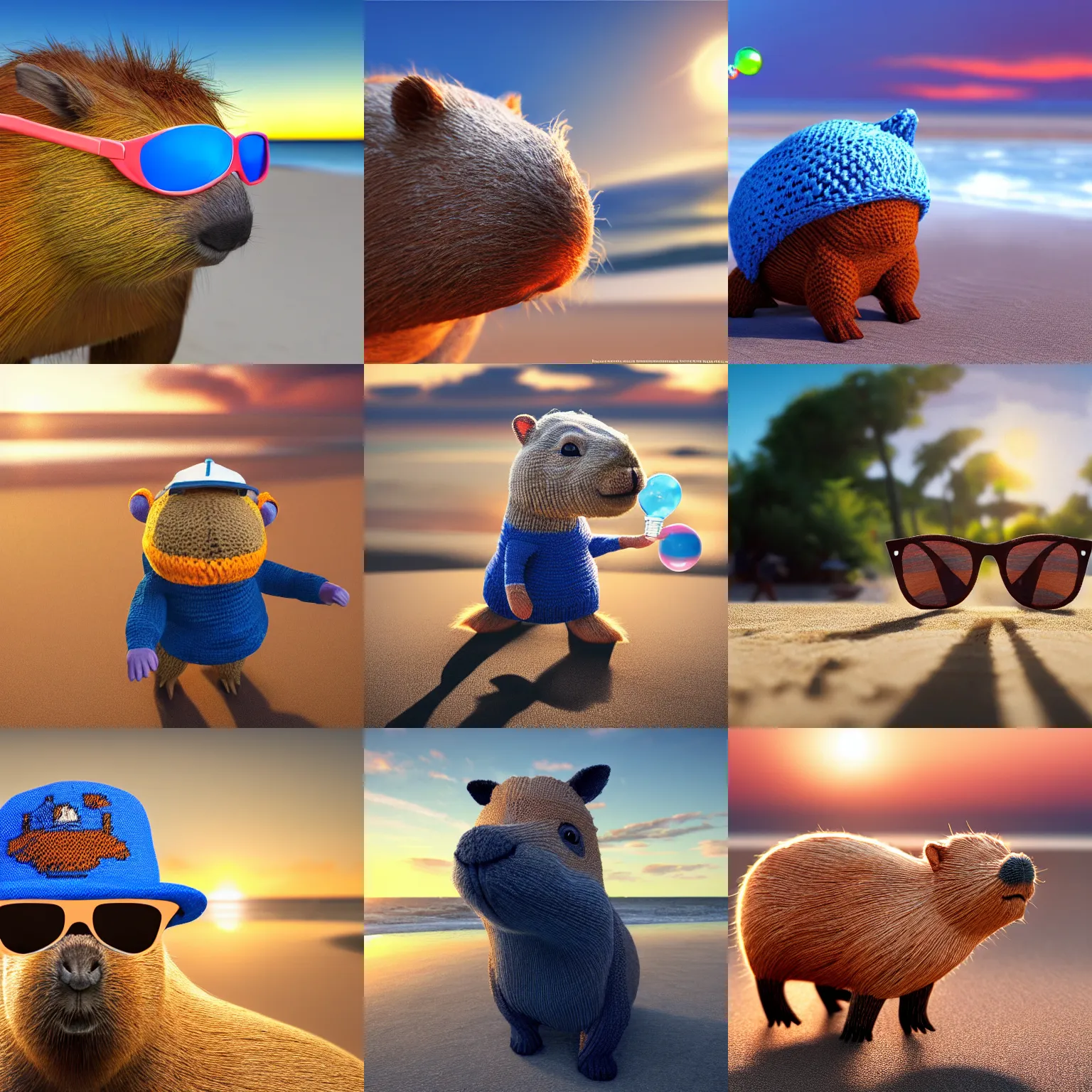 Prompt: a photorealistic picture of a knitted Capybara wearing sunglasses, a blue trucker hat and blowing large bubbles at the beach during sunset Trending on Artstation, featured on Behance, well-rendered, fine detail, extra crisp image, Unreal Engine, 4K HD