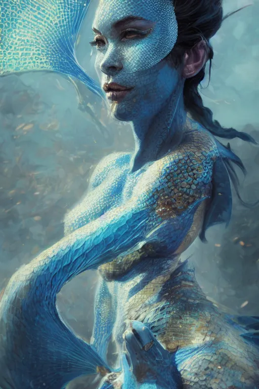 Image similar to a fancy portrait of an attractive dragon women with blue dragon scales by Greg Rutkowski, Sung Choi, Mitchell Mohrhauser, Maciej Kuciara, Johnson Ting, Maxim Verehin, Peter Konig, final fantasy , mythical, 8k photorealistic, cinematic lighting, HD, high details, atmospheric,