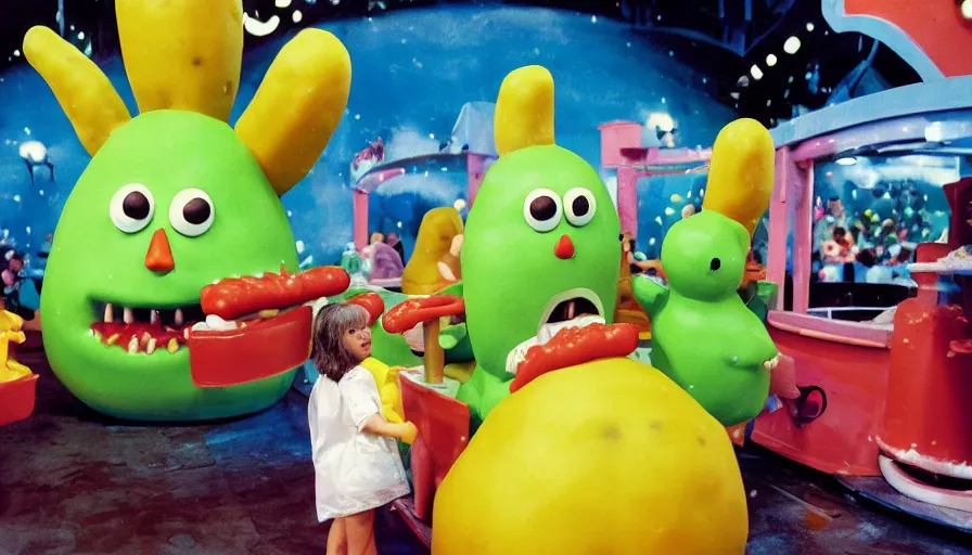 Image similar to 1990s photo of inside the Slime Friends Snow Potato Show ride at Universal Studios in Orlando, Florida, riding a hotdog through a dinner plate world, cinematic, UHD