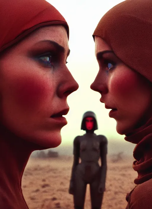 Image similar to cinestill 5 0 d photographic portrait by steve mccurry of two loving female androids wearing rugged black techwear on a desolate plain with a red sky in front of a brutalist structure, extreme closeup, cyberpunk style, dust storm, 8 k, hd, high resolution, 3 5 mm, f / 3 2, ultra realistic faces, ex machina