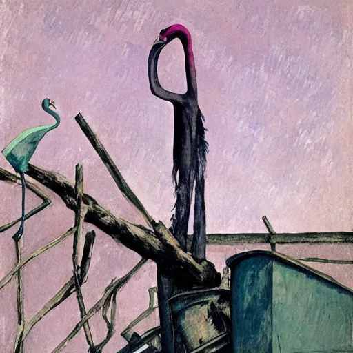 Prompt: shredded physique feathered tall neck beak Portrait of Samuel Beckett camouflaged as Flamingo whilst wearing a pink tuxedo Standing atop a Garbage Truck Greg Rutkowski Eric Ravilious Paul Cezanne Andrew Wyeth Jamie Wyeth