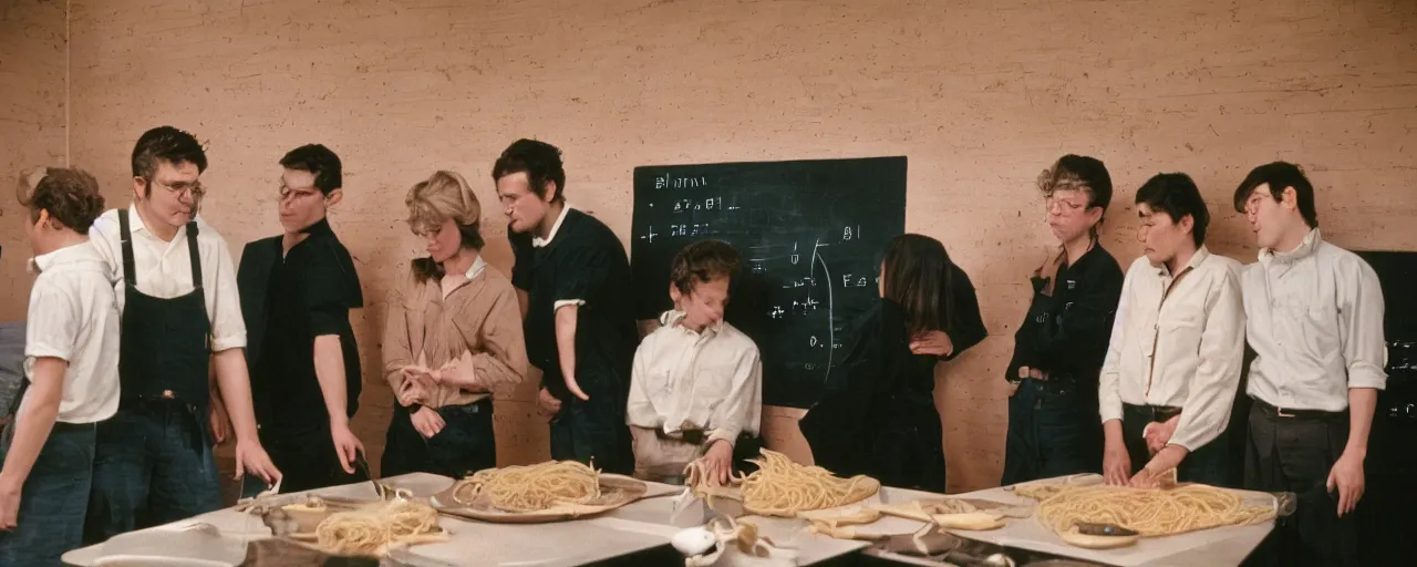 Prompt: mathematicians standing around a chalkboard solving an equation about spaghetti, detailed facial expression, canon 5 0 mm, cinematic lighting, photography, retro, film, kodachrome