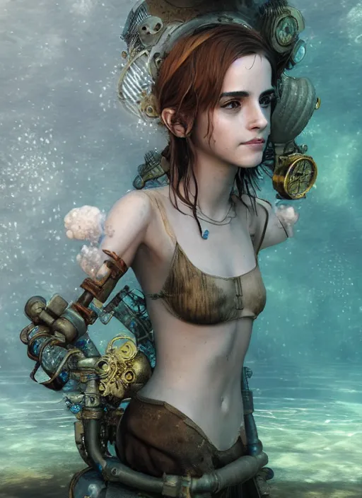 Image similar to underwater steampunk emma watson, au naturel, hyper detailed, digital art, trending in artstation, cinematic lighting, studio quality, smooth render, unreal engine 5 rendered, octane rendered, art style by klimt and nixeu and ian sprigger and wlop and krenz cushart.