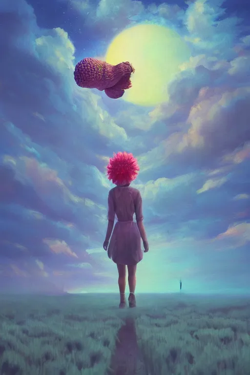 Image similar to giant corn flower head, girl walking on the moon, surreal photography, sunrise, dramatic light, impressionist painting, colorful clouds, digital painting, artstation, simon stalenhag