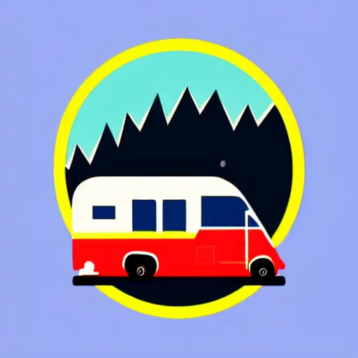 Image similar to minimal vector art sticker of a white and black cute thor chateau! motorhome camper!!, highway, mountains and colorful sunset!!, very very happy, dramatic, warm colors, crisp lines, very minimal vector art, sticker!! by tom whalen