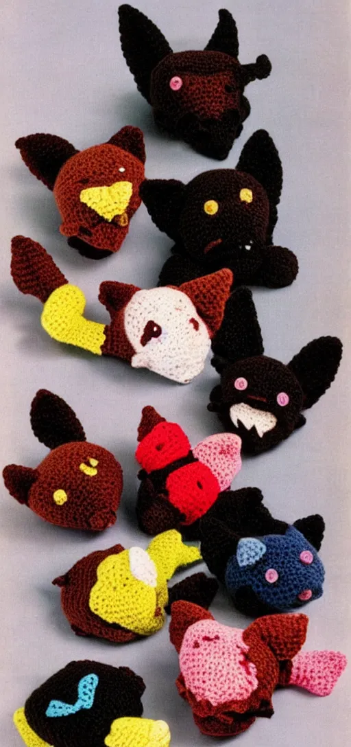Prompt: multicolored crocheted bat kittens, 1 9 8 0 s catalogue photography