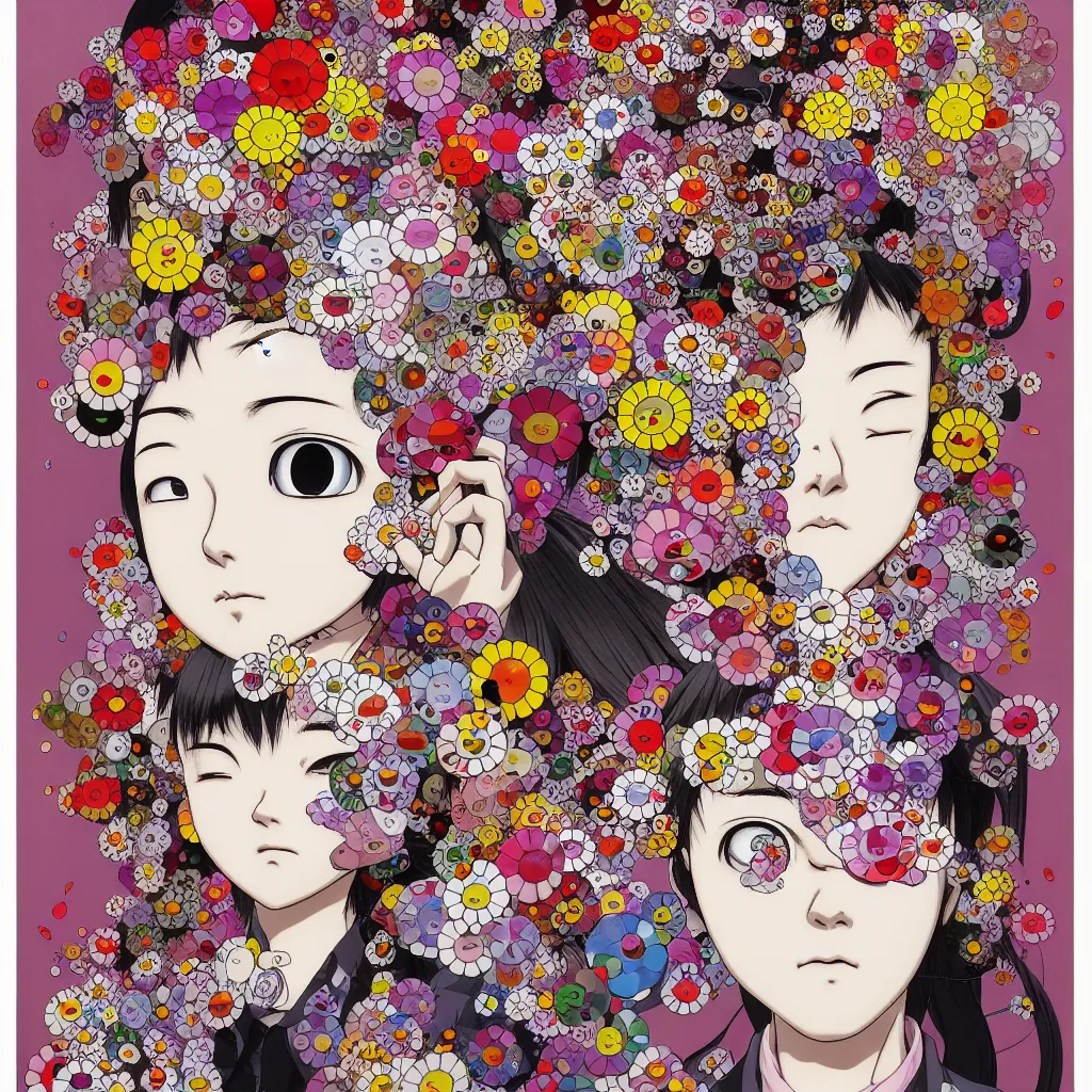 Image similar to prompt: Fragile portrait of singular persona covered with random flowers illustrated by Katsuhiro Otomo, inspired by Takashi Murakami and 1990 anime, smaller cable and cyborg parts as attributes, eyepatches, illustrative style, intricate oil painting detail, manga and anime 1990