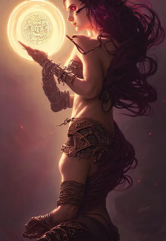 Image similar to Necromancer Sorceress in center, fantasy magic, undercut hairstyle, dark light night, intricate, elegant, sharp focus, illustration, highly detailed, digital painting, concept art, matte, art by WLOP and Artgerm and Greg Rutkowski and Alphonse Mucha, masterpiece