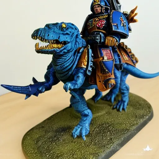 Image similar to 8 0 mm resin detailed miniature of a warhammer 4 0 k space marine riding a dinosaur, product introduction photos, 4 k, full body, hyper detailed,