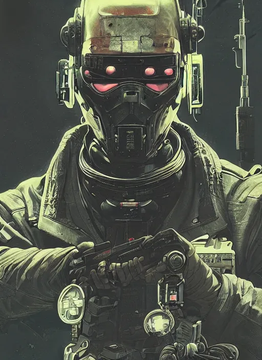 Prompt: cyberpunk blackops commander. cybernetic eyes. night vision. portrait by ashley wood and alphonse mucha and laurie greasley and josan gonzalez and james gurney. spliner cell, apex legends, rb 6 s, hl 2, d & d, cyberpunk 2 0 7 7. realistic face. dystopian setting.
