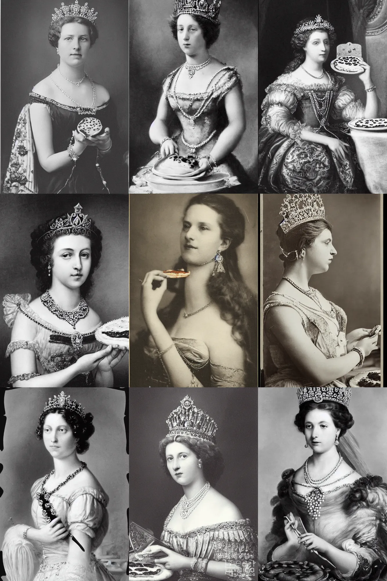 Prompt: a beautiful historical photo of royal queen margherita of savoy eating a pizza margherita, regency, intricate detailed tiara, pearl necklace, black and white photo, sharp focus, smooth lighting