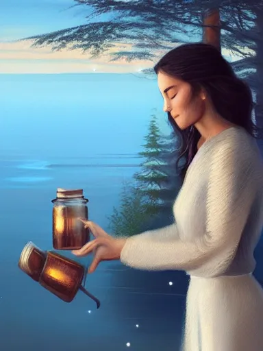 Prompt: a serene woman, pouring a jar near a lake. stars shining bright in the background. elegant, highly detailed, digital painting, artstation, concept art, sharp focus, illustration, by justin gerard and artgerm, 8 k