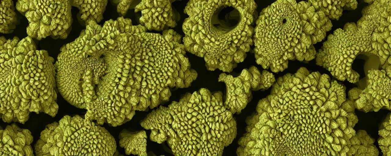 Prompt: biomechanical romanesco broccoli city, close up, depth of field, highly detailed, photorealistic