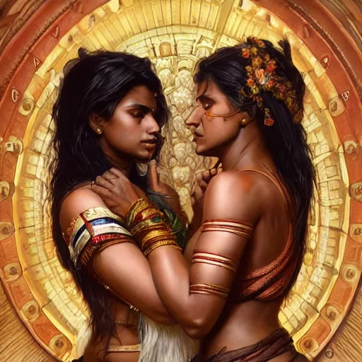 Image similar to portrait painting of dark muscular indian women kissing, ultra realistic, concept art, intricate details, eerie, highly detailed, photorealistic, octane render, 8 k, unreal engine. art by artgerm and greg rutkowski and alphonse mucha