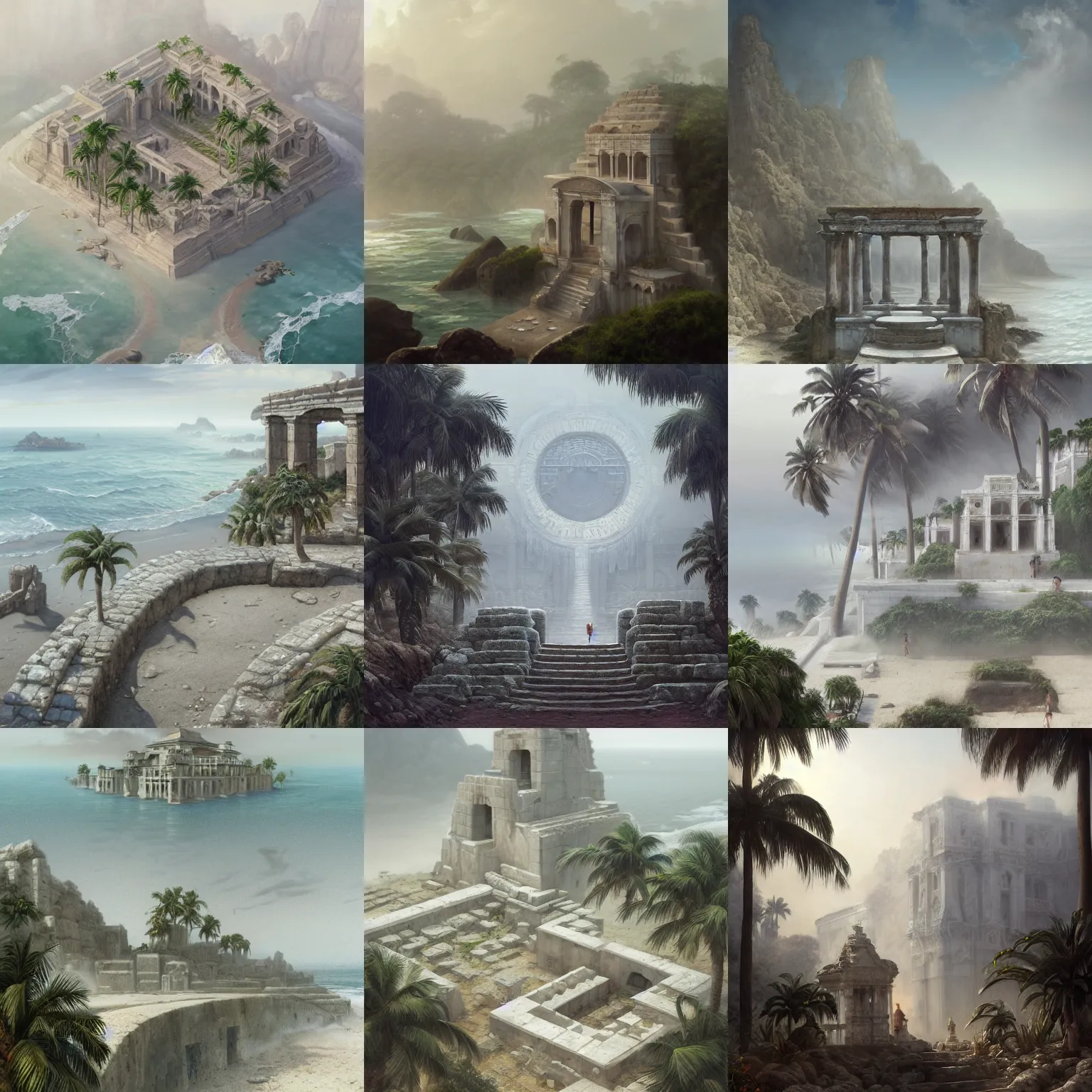 Prompt: white ancient ruins with palms on the foggy beach wrapped in fog, isometric view, highly detailed, digital painting, artstation, concept art, smooth, sharp focus, illustration, artstation, art by giger and greg rutkowski and hikari shimoda and edmund blair leighton and charlie bowater