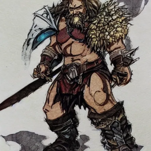 Image similar to Dwarf Barbarian, drawn by Yoji Shinkawa, water color, Dungeons and Dragons, Wizards of the Coast