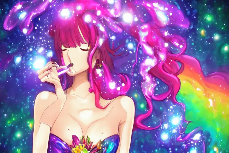 Image similar to psychedelic, full body, whimsical, anime, 4k, beautiful lusty woman blowing smoke, with professional makeup, long trippy hair, a crystal and flower dress, sitting in a reflective pool, surrounded by gems, underneath the stars, rainbow fireflies, trending on patreon, deviantart, twitter, artstation, volumetric lighting, heavy contrast, art style of Ross Tran and Miho Hirano and Ilya Kuvshinov