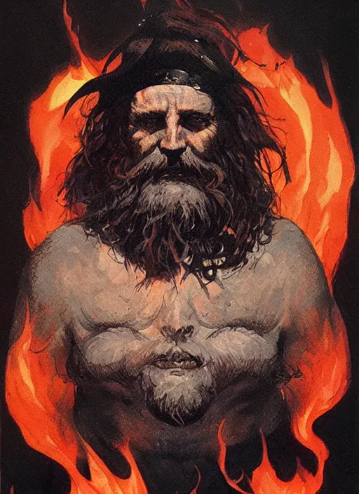 Image similar to portrait of grizzled sailor on sea of black flame, coherent! by brom, deep color, strong line, high contrast