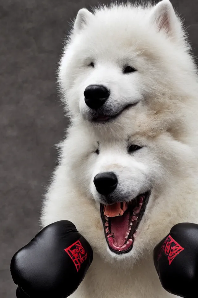 Prompt: samoyed dog head on a human body as a muay thai kickboxer, gloves on hands, cinematic