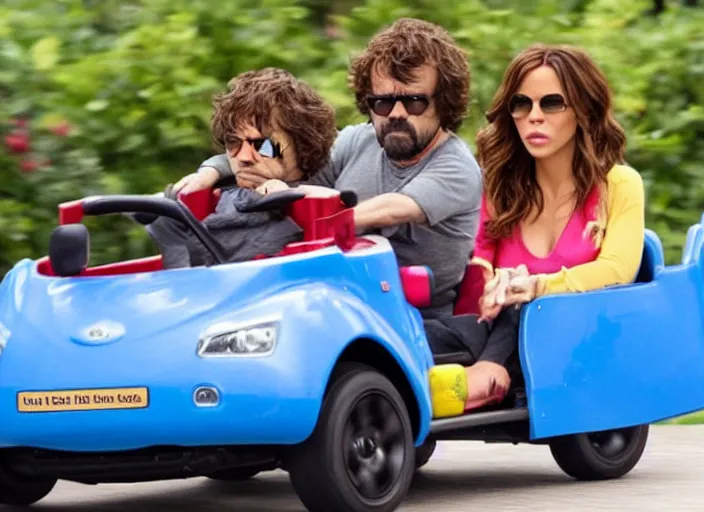 Image similar to peter dinklage and kate beckinsale driving a little tikes cozy coupe, movie still, from the new fast and furious tokyo drift movie, 8 k, realistic