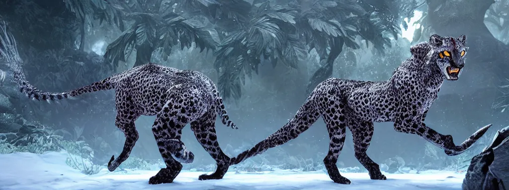 Image similar to large black sabretooth cheetah with shiny blue fish scales skin and silver lightning tail, walking in a dense alien snow covered frosty jungle, with snow covered colourful red, blue and purple plants, large vines, snow covered arched organic rock structures, in the style of monster hunter world, like concept art on artstation, hyperdetailed, vray render, octane render,