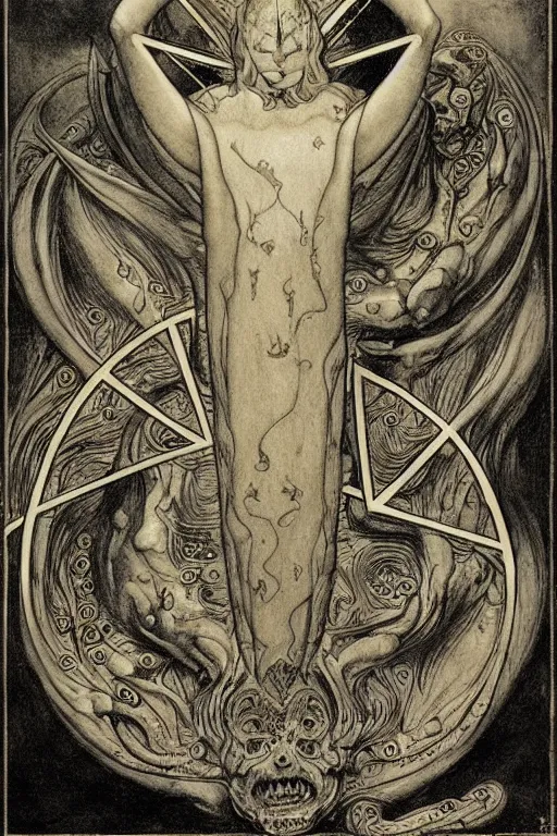 Image similar to occult diagram of happy fish in the style of wayne barlowe, gustav moreau, goward,  Gaston Bussiere and roberto ferri, santiago caruso, and austin osman spare