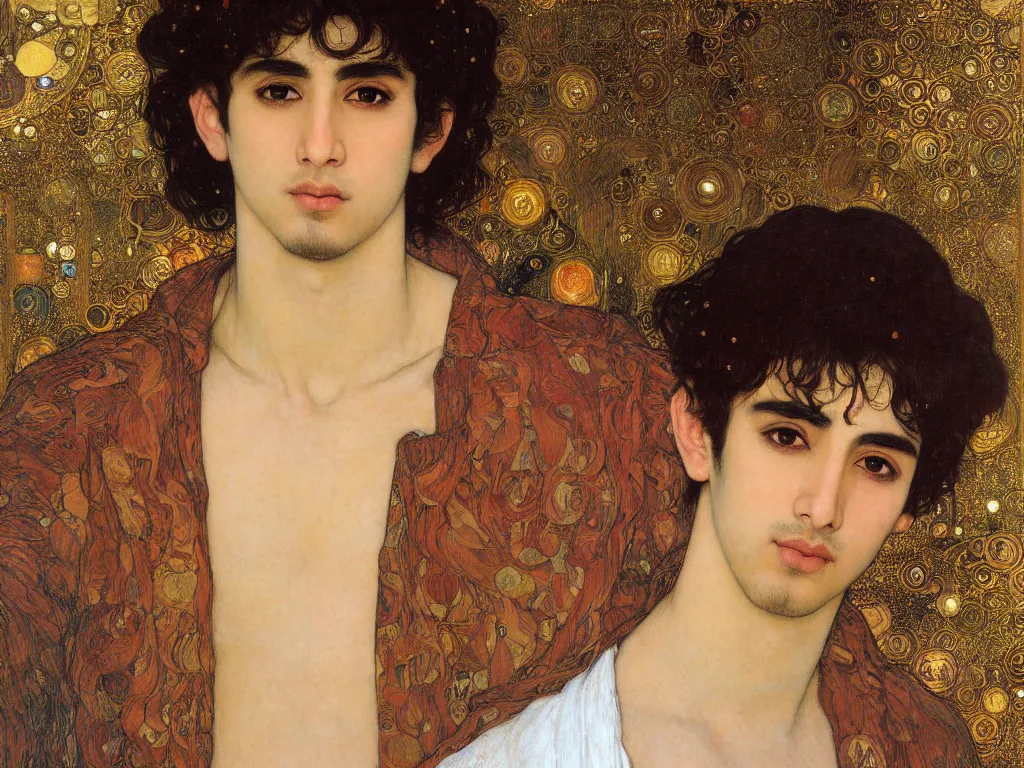 Image similar to beautiful medium shot portrait of a young arabic man inspired by ( ( ayami kojima ) ) with short hair dressed with a white t - shirt looking into the camera from three - quarters, white background white bank studio light, art by gustav klimt, alfons mucha and yoshitaka amano, 8 k