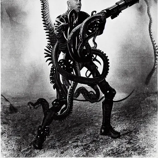 Prompt: old black and white photo, 1 9 1 3, depicting bruce willis in combat armor with guns, shooting biomechanical octopus, historical record, tentacles around