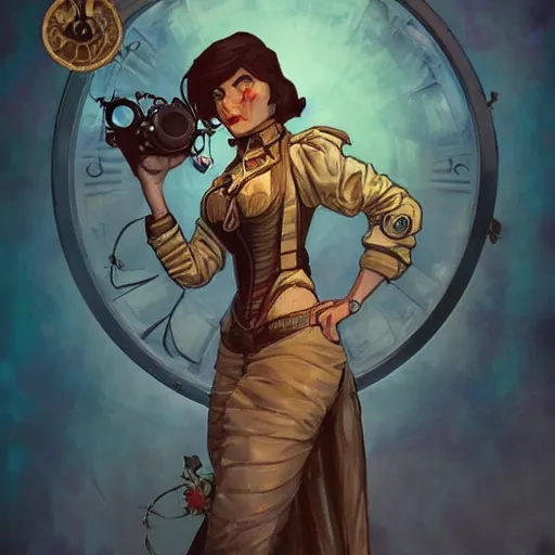 Image similar to lofi bioshock steampunk portrait, Pixar style, art by Artgerm and Greg Rutkowski and Alphonse Mucha.