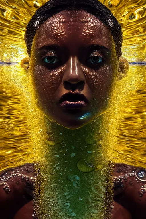 Prompt: hyperrealistic precisionist cinematic half underwater scene with fish and algae, very expressive! translucent elegant african goddess emerging from water, full body, gold jewerly, highly detailed face, digital art masterpiece, aykut aydogdu zener, dramatic volumetric light, long shot, low angle uhd 8 k, sharp focus