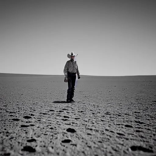 Prompt: a cowboy standing on the surface of the moon, 5 0 mm