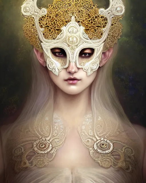 Image similar to beautiful ethereal maiden in a ivory masquerade mask intricate ornate fractal-lace and gemstones, wearing stunning ivory dress, ivory gold iridescent, full view, soft lighting, vivid, Hyperdetailed, 4k hd matte painting by Artgerm, Greg Rutkowski, Klimt, James Jean, 8k resolution, enchanting and otherworldly, Artstation, CGsociety, detailed, front view