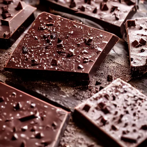 Image similar to pieces of dark chocolate on a wooden cutting board, dramatic cool, close up, dslr photo