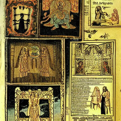 Image similar to found pages from an occult textbook written in the 2 2 0 0 ’ s. pictures, diagrams witchcraft