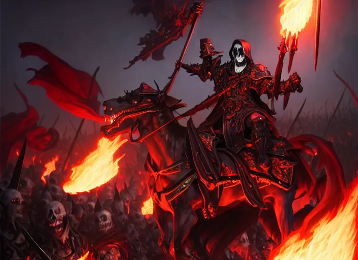 Prompt: ainz ooal gown leading his undead army to battle riding a flaming horse, undead soldiers in background, highly detailed, deep focus, elegant, artstation, digital painting, smooth, sharp focus, illustration, ultra realistic, 8 k, art by artgerm and greg rutkowski and alphonse mucha