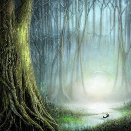 Image similar to highly realistic scenic painting of a towering misty dark fantasy forest surrounding a pond, a water sprite sits on the roots of an ancient tree looking up at the moon, spooky fog, fantasy painting hd