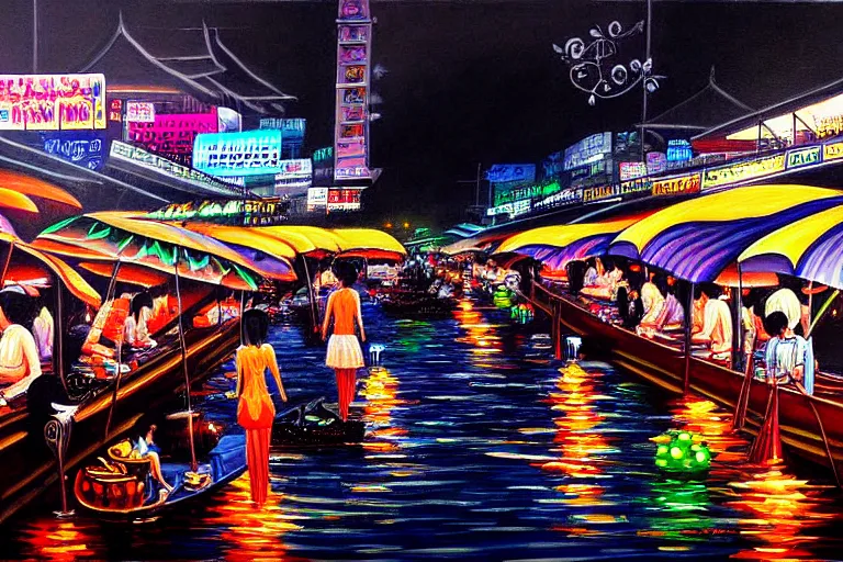 Prompt: detailed painting of Thai river night market, Bangkok, gothic style, deep strokes, high quality