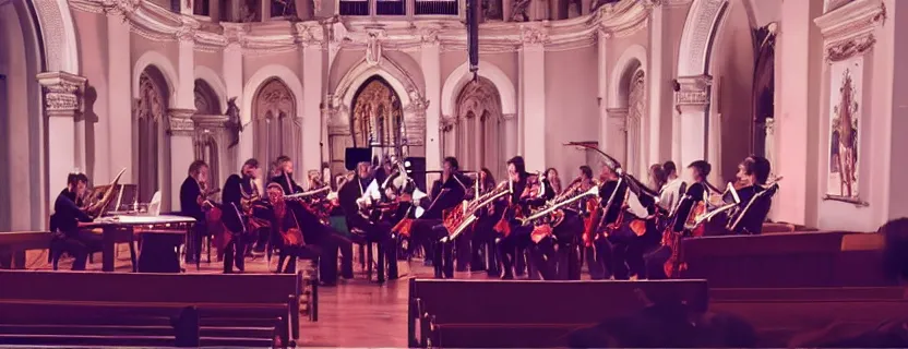 Prompt: a tango orchestra performance in a church, epic, cinematic composition, ultra detailed, 4 k, ultrawide, ( distant shot ), dramatic lighting