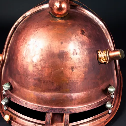 Prompt: a photo of an old copper deep diving helmet mixed with a knights helmet, visor of the helmet is upwards, glass cover on the grill, lach and screws, royal details, ornamented, f 2. 8