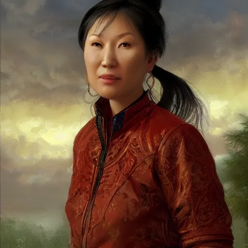 Image similar to portrait of an asian russian woman ( 3 5 ) from chabarovsk, russia in 2 0 2 1, an oil painting by ross tran and thomas kincade