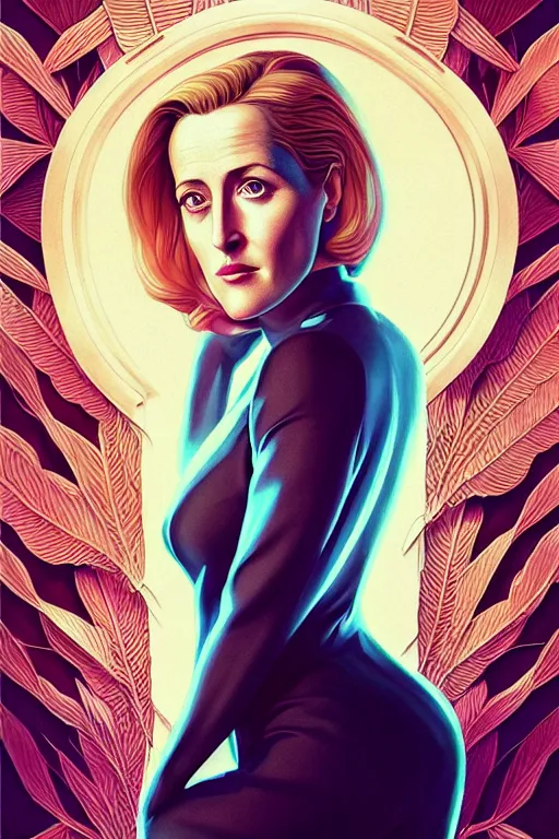 Prompt: young gillian anderson portrait, art deco, x - files, intricate art deco leaf designs, elegant, highly detailed, sharp focus, art by artgerm and beeple and greg rutkowski and wlop